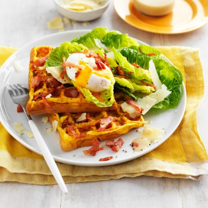 Chicken Caesar omelette waffles